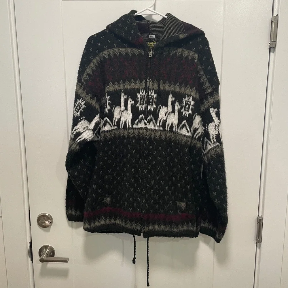 Tejidos Ruminahui Llama Intarsia Knit Hooded Full Zip Sweater Mens XL Black Gray